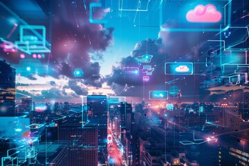 Leinwandbilder - city with lot of tall buildings and lot of smoke, futuristic cityscape with neon lights