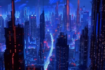 Aufkleber - city with lot of tall buildings, Create futuristic cityscape filled with neon lights
