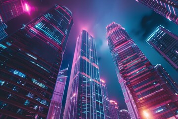 Aufkleber - city with lot of tall buildings, Create futuristic cityscape filled with neon lights