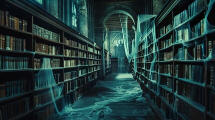 Fototapete - Create an image of a spooky library filled with ancient books, cobwebs, and ghostly figures haunting the aisles.