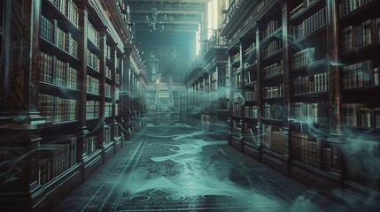Fototapete - Create an image of a spooky library filled with ancient books, cobwebs, and ghostly figures haunting the aisles.