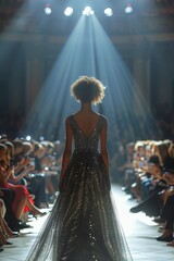 Fashion model walking on the runway in a classic dress during a fashion show event