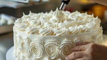 Wall Mural - Decorating a cake with frosting, creating intricate designs or a smooth finish.