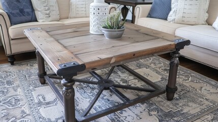 Wall Mural - Decorating a farmhouse-style coffee table with a distressed wood finish and metal accents.