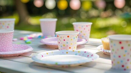 Canvas Print - Decorating a picnic table with paper plates and cups for a children's birthday party in the park.