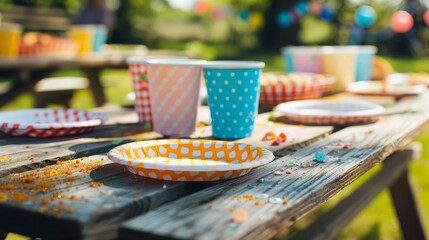 Canvas Print - Decorating a picnic table with paper plates and cups for a children's birthday party in the park.