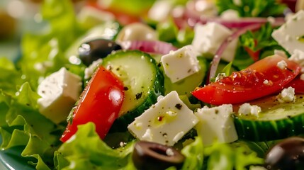 Wall Mural - Delighting in the freshness of a Greek salad, featuring crisp lettuce, cucumbers, olives, and feta cheese.