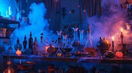 Poster - Depict a Halloween party with a spooky science lab, where guests can participate in fun and eerie experiments.