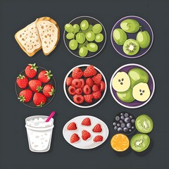 Canvas Print - Top View of a Flat Lay with Fresh Fruits, Berries, and a Glass of Milk on a Black Background - A Healthy and Colorful Illustration