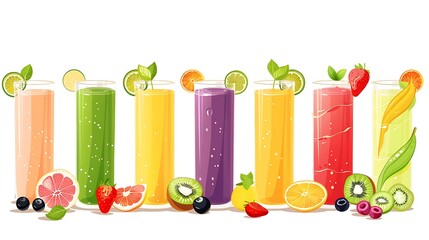 Sticker - Colorful Fruit Smoothies in Glasses with Fresh Fruit Slices - Healthy Lifestyle Concept