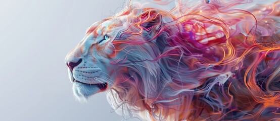 Wall Mural - Abstract white lion portrait with colorful hair, digital art painting with a white background