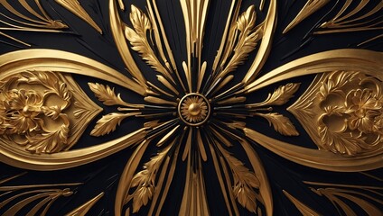 Wall Mural - Rendered abstract background with art deco style, black and gold floral elements. Wallpaper. High contrast