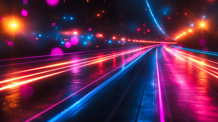 Poster - Futuristic neon light path on a dark background, showcasing vibrant nightlife and technology.