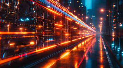 Poster - Dynamic long neon light trail on a dark background, perfect for technology and nightlife visuals.