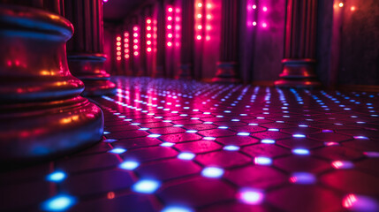 Poster - Bright disco floor illuminated by dazzling colorful lights, ideal for vibrant nightlife and dance-themed designs.