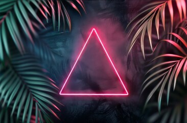 Wall Mural - Neon Triangle Frame With Palm Leaves