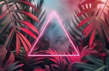 Wall Mural - Neon Triangle Frame With Palm Leaves