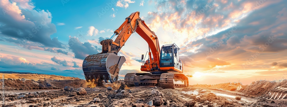heavy machinery, excavator is digging the ground on construction site ...