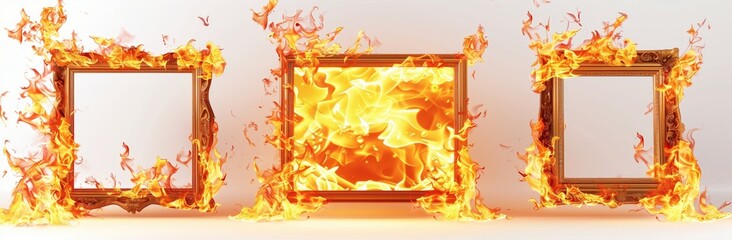 Wall Mural - 3 burning frames on a white background, in different sizes and shapes, with flames