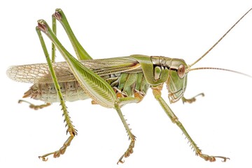 Poster - A detailed look at a grasshopper on a clean white background, great for insect or nature photography projects