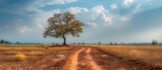 Wall Mural - Dirt road in dry field with tree on the left side and cloudy sky. Landscape of indian countryside