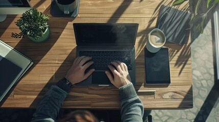 Poster - The laptop on wooden desk