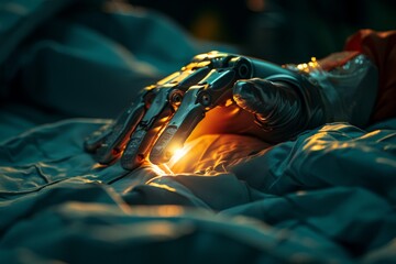 Wall Mural - Close up of robotic hand holding a glowing object shades of blue and orange detailed and high tech futuristic concept