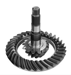 Poster - A gear with a black shaft and a white hub. The gear is made of metal and has a black and white color scheme isolated on white