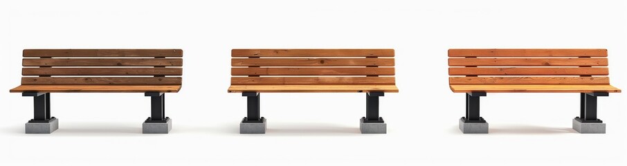 Wall Mural - 3 different types of modern urban benches made from wood, metal and concrete on a white background