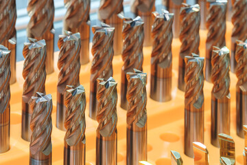 Poster - Several rows milling cutter drill CNC metalworking industrial machine. The concept of precision and attention to detail of industrial metalworking background