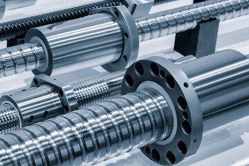 Poster - Close up of industrial metal screw shaft as part of screw transmission. Industrial background concept