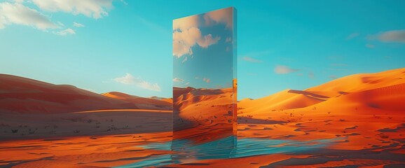 Wall Mural - Surreal desert landscape with abstract mirror door leading to the past, minimalistic style