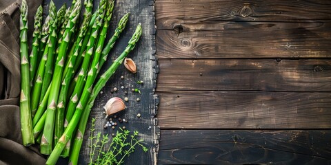 Green asparagus preparation with wooden cooking , rustic background, top view