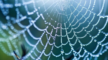 Macro shot of a dew-covered spider web. 