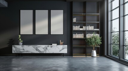 Canvas Print - Modern Interior Design with Bookshelf and Large Window