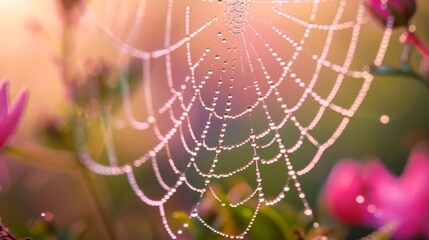 Macro shot of morning dew on a spider web. 