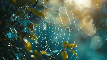 Macro shot of morning dew on a spider web. 