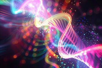 Poster - Vibrant digital design showcases a luminous dna spiral surrounded by dynamic data streams, symbolizing cutting-edge advancements in genetics research and bioinformatics