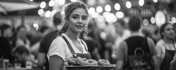 Wall Mural - Woman in dirndl carrying a tray of pretzels and beers through the crowd.