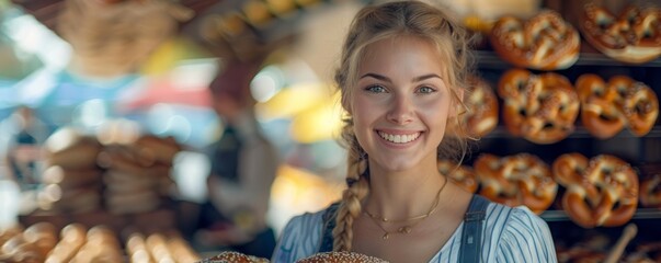 Wall Mural - Woman in traditional dress carrying pretzels and beer steins with a smile.