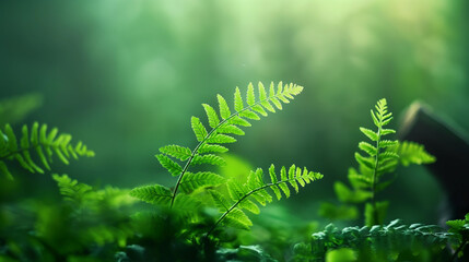 Wall Mural - Young fern leaves in the foreground. The background is green, blurred