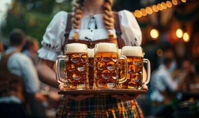 Wall Mural - Woman in a dirndl carrying a tray of steins filled with frothy beer at the Oktoberfest festival.