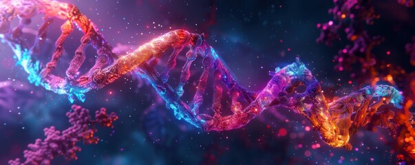 Colorful digital illustration of DNA helix structure, representing genetics, molecular biology, and scientific research in vibrant colors.