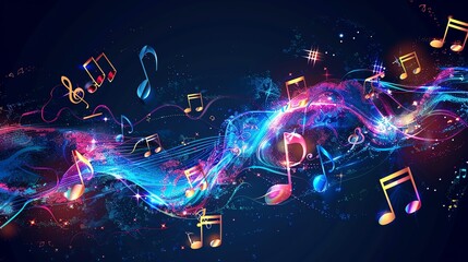 Wall Mural - An abstract musical background with colorful notes and a glowing wave.