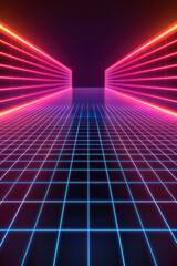 Poster - futuristic neon light hallway with grid floor, glowing vibrant colors, creating a retro sci-fi digit
