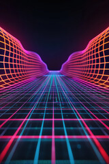 Poster - Futuristic digital landscape with vibrant neon gridlines forming a dynamic tunnel effect, evoking a sense of technology and innovation in a virtual world.