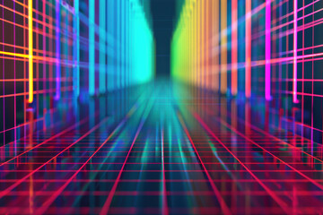 Poster - Colorful digital grid with neon lines forming a futuristic abstract background. Vibrant light effects create an immersive tech-inspired visual scene.