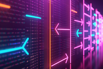 Poster - abstract neon arrows on a digital background with futuristic design elements in vibrant colors refle