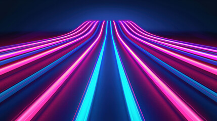 Poster - Vibrant neon light trails in pink and blue creating a futuristic, abstract visual on dark background. Perfect for technology, design, and art concepts.