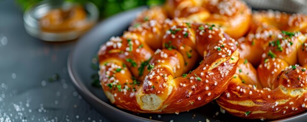 Wall Mural - Plate of savory pretzels served with tangy mustard and creamy cheese.